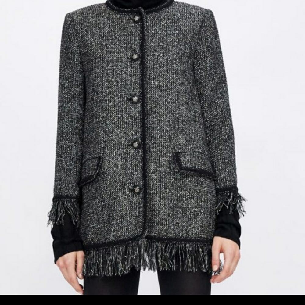 Zara Black metallic Tweed fringe blazer size XS